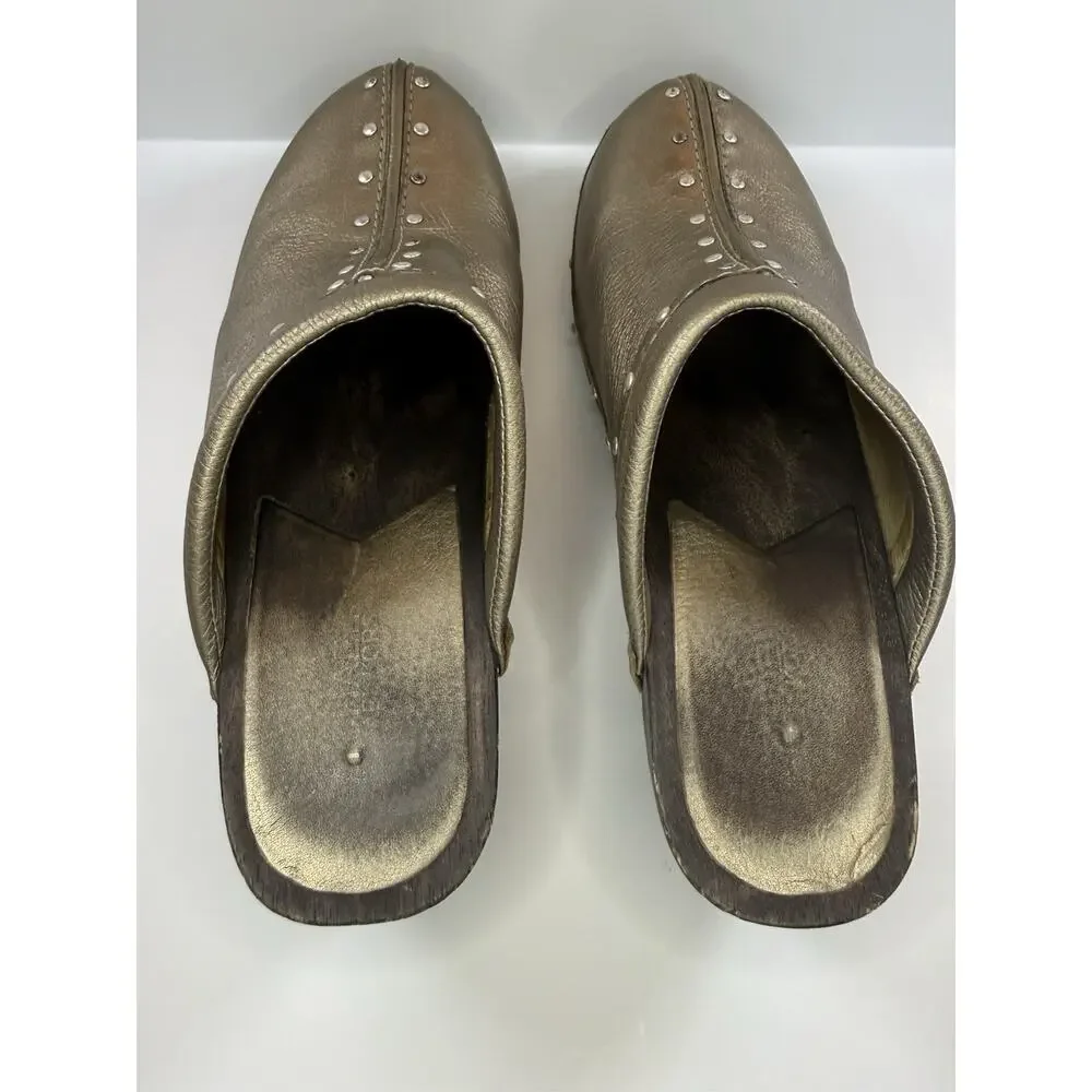 Michael Kors Gold Studded Leather Mule Wedge Heels Closed Toe Slip On 8 M